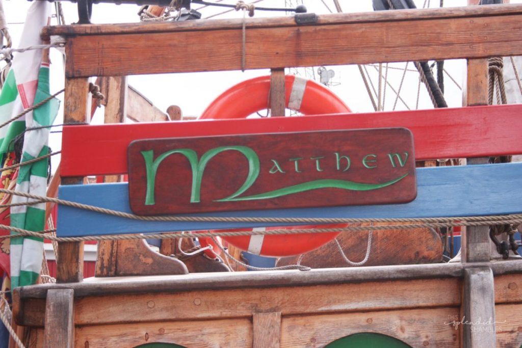 Wooden sign reading 'Matthew' on an old sail boat. How to spend a day in Bristol, England. This Splendid Shambles.