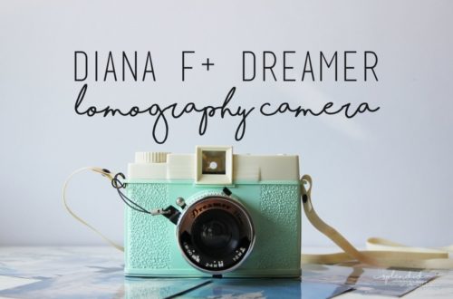 Mint colored Diana F+ Dreamer Lomography camera face on. Sitting on a pile of lomography pictures, white background. This Splendid Shambles blog.