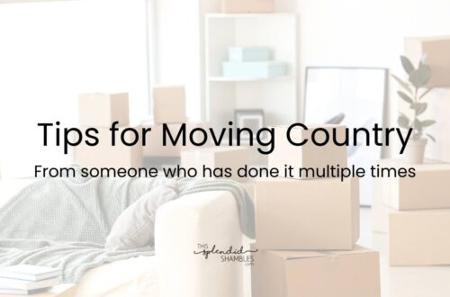 Moving boxes in a nearly-empty room, getting back up to start moving. Tips for Moving Countries on top.