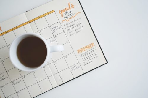 Open planner on the month of November, with a coffee mug on top. How to set small goals, with Brooklyn Jolley. Guest post on This Splendid Shambles.