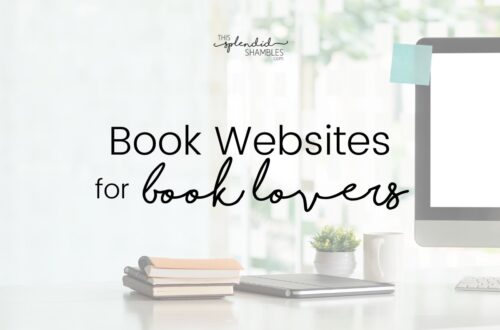 Desktop and books on a desk, low opacity image. 'Book websites for book lovers' written on the top.