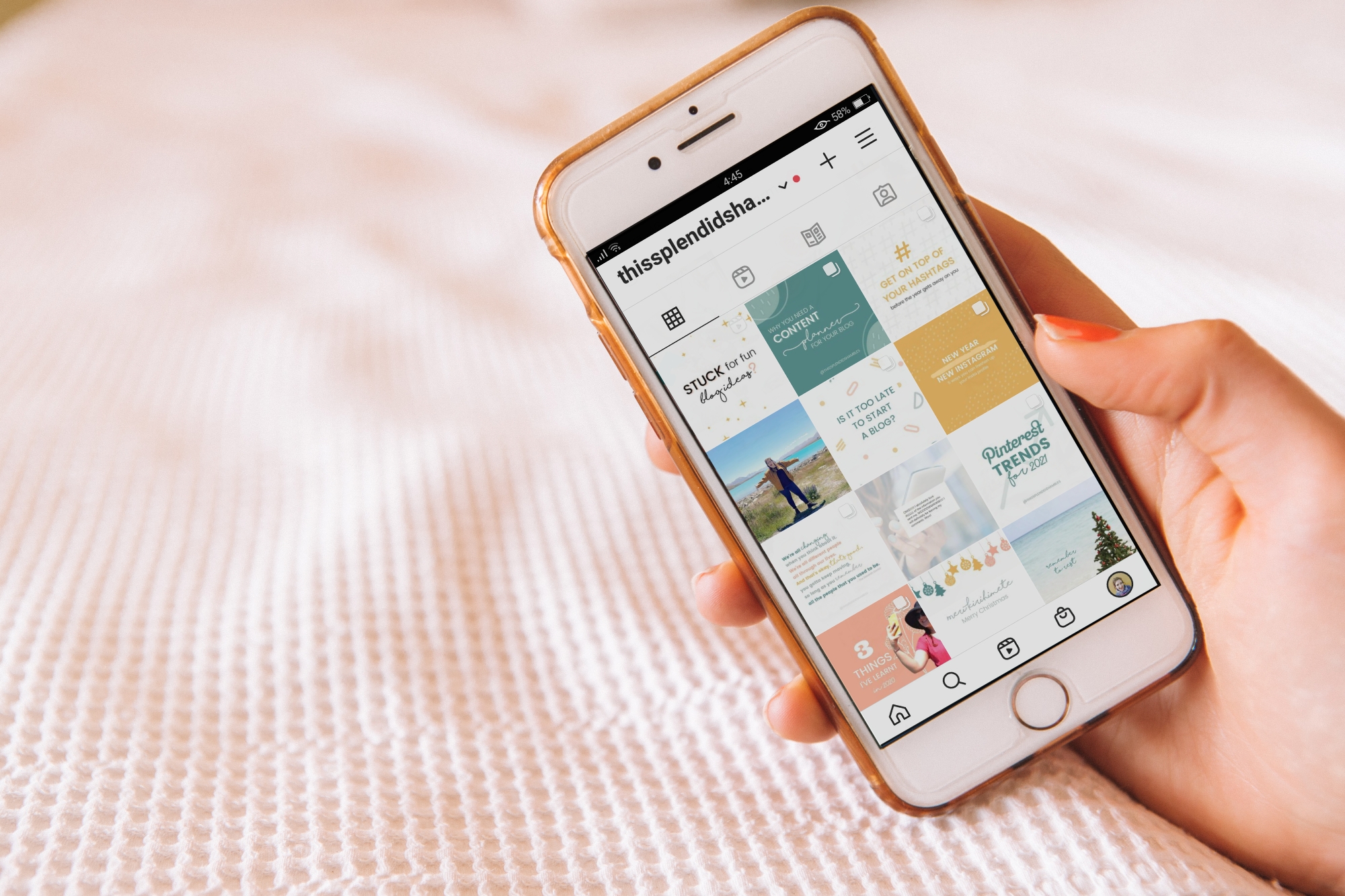 How to repurpose your blog content for Instagram. Photo of Instagram profile on a phone