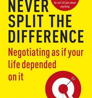 Never Split the Difference by Chris Voss book cover. Yellow and read book, with a target in the bottom right hand side.