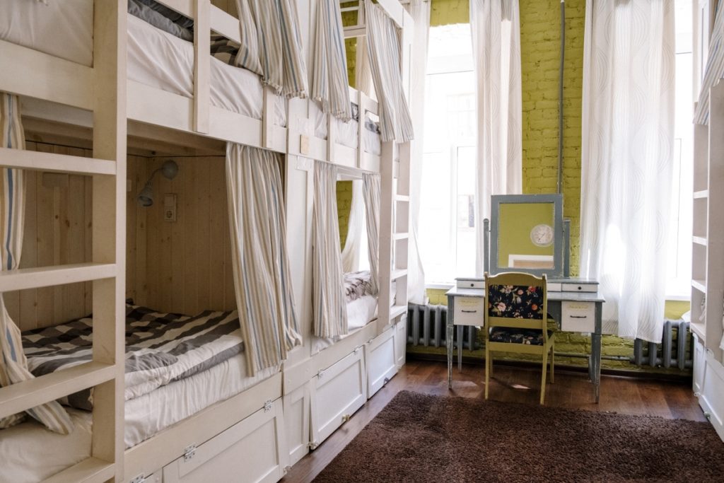 Bunk beds lined up against the left hand side, with a desk in the background. Reasons to stay in a hostel while travelling. This Splendid Shambles. 
