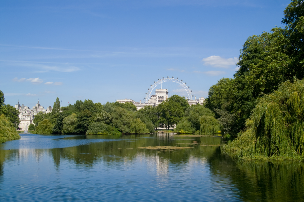 St James Park in central London, looking towards the London Eye. This Splendid Shambles. Short Stay in London.