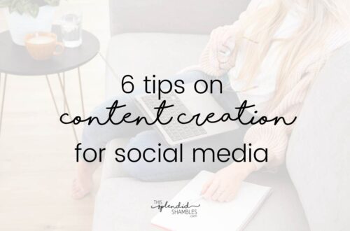 Woman sitting on a coach with a laptop on her knee. 6 tips on content creation for social media on This Splendid Shambles.