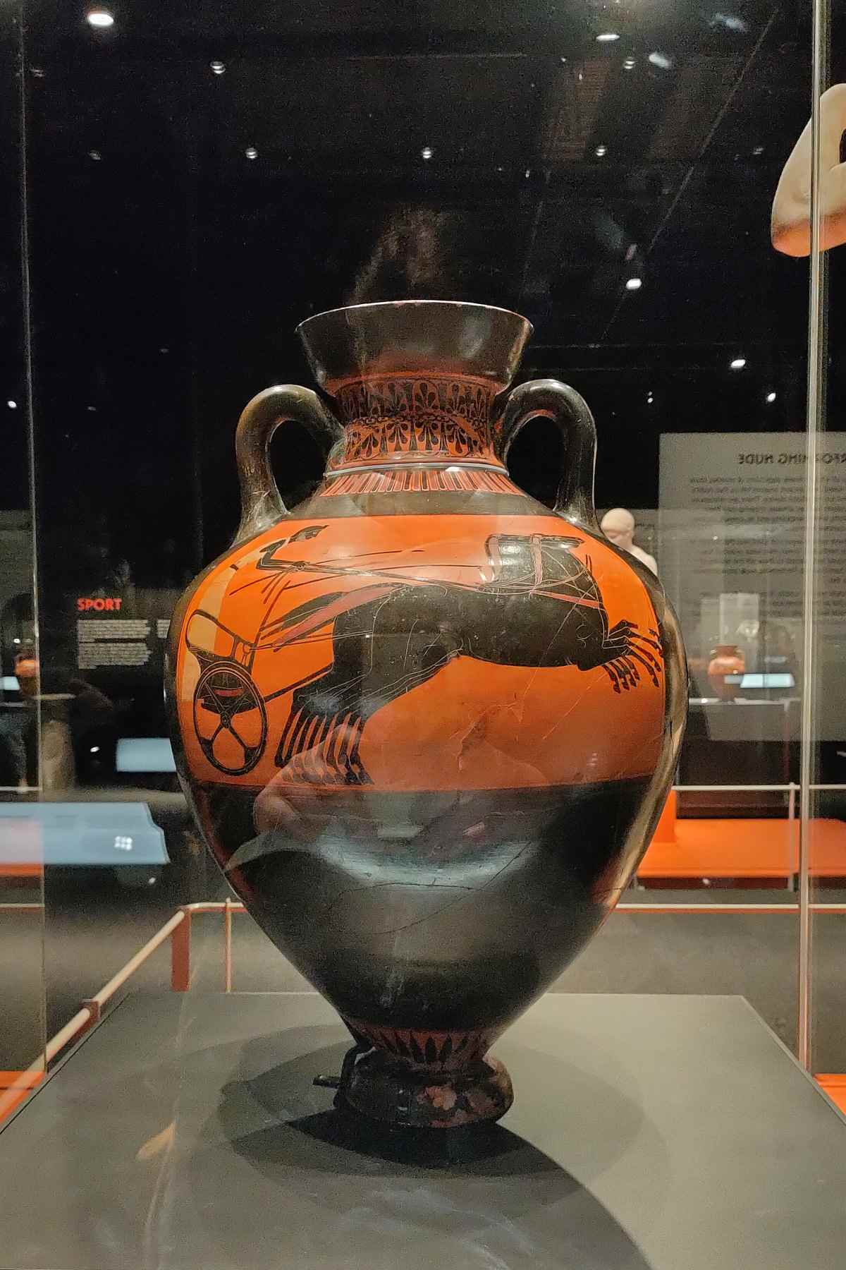 Greek vase depicting chariot race in a display case at the museum.