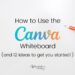 Whiteboard with hand holding an orange market coming in from the right hand side. It reads: How to use the Canva Whiteboard and 12 ideas to get you started'.