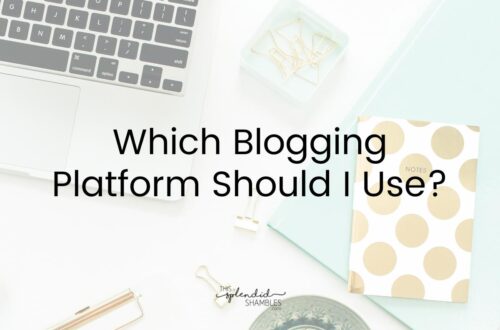 Low opacity image of a desk with a laptop on it. Words 'Which blogging platform should I use?' written on top.