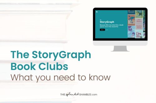 The StoryGraph Book Clubs written over a low opacity image of a pile of books; there is a screen shot of the StoryGraph home page on a graphic of a desktop in the top right hand corner.