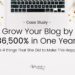 Laptop on a white desk with the words 'Grow Your Blog by 36,500% in one year' and then case study note underneath.