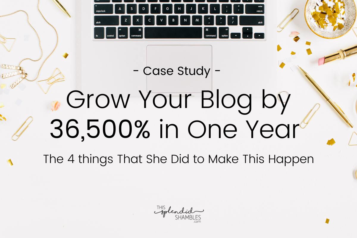 Laptop on a white desk with the words 'Grow Your Blog by 36,500% in one year' and then case study note underneath.