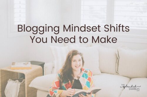 Anjali sitting on the floor near a couch, with the words Blogging Mindset Shifts You Need to Make'' above her.