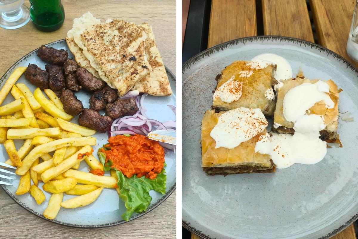 On left: CevapiOn right: pita cora, traditional Bosnian savoury pastry