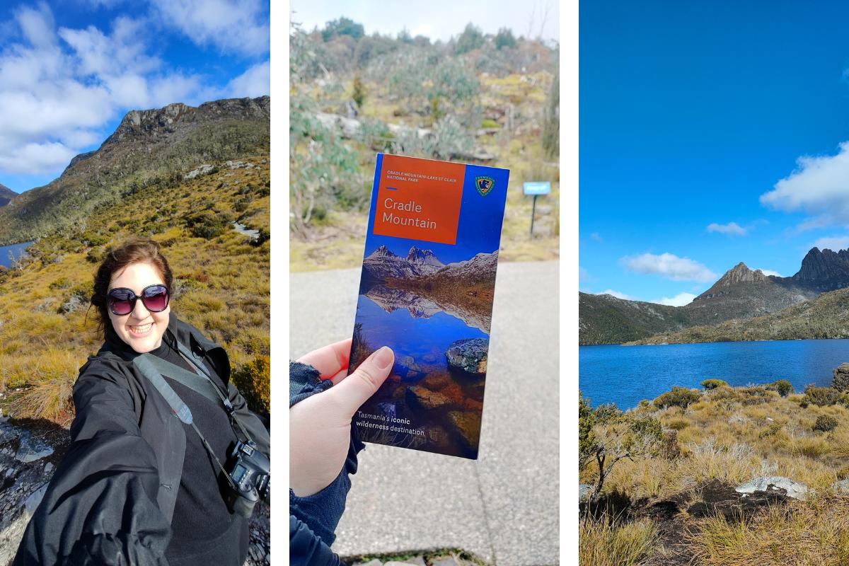 Triptych of Anjali from This Splendid Shambles, the Cradle Mountain visitor guide, and Dove Lake. 