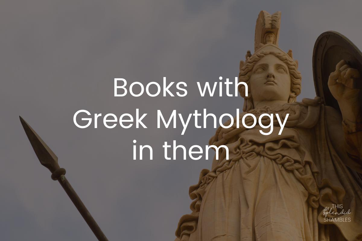 Athena from Classics in the background, words 'Books with Greek Mythology Running Through Them' over the top in white.