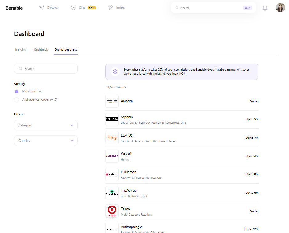 Benable list of Brands from the Dashboard on the desktop version of Benable.