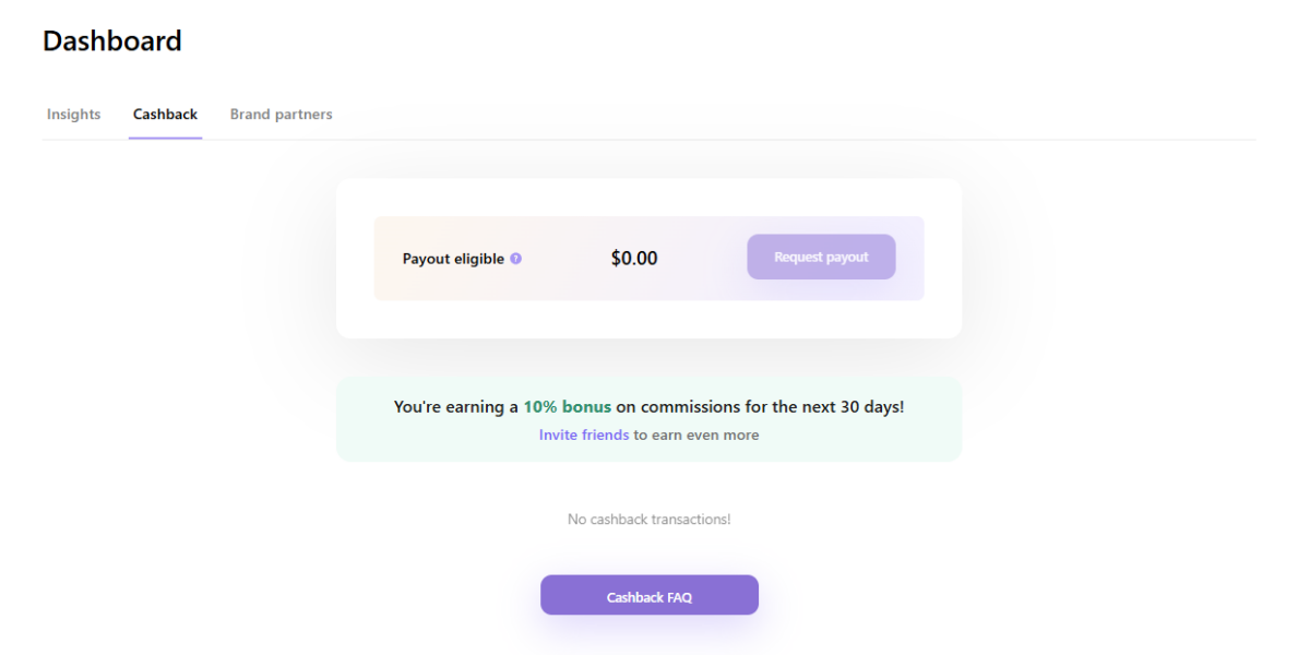 Benable Cashback Screenshot from the desktop version.