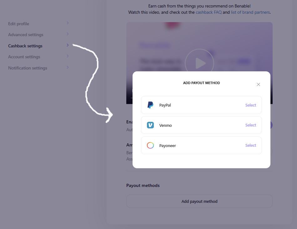 Benable Cashback settings screenshot.