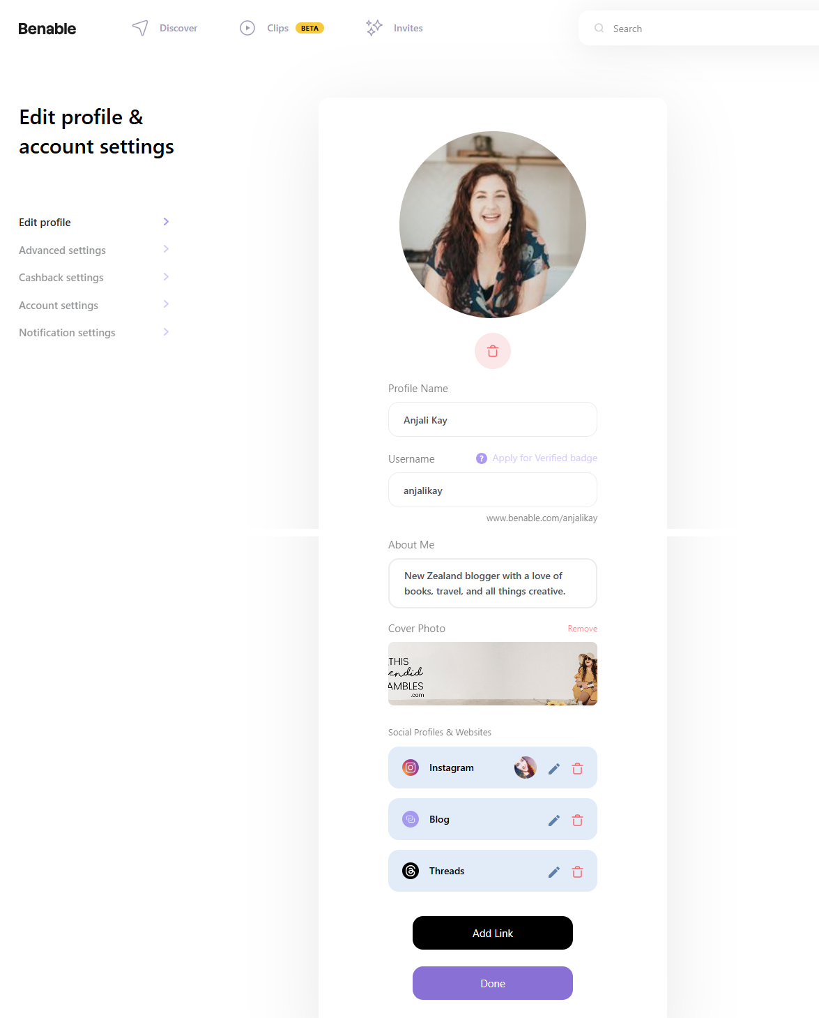 Benable Edit Profile Example
