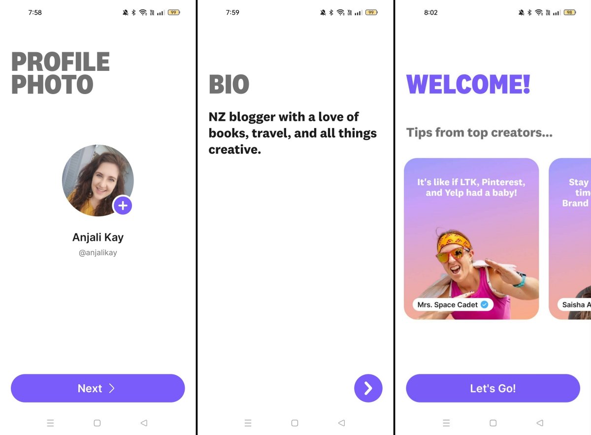 Screenshots of mobile set up of a Benable account.