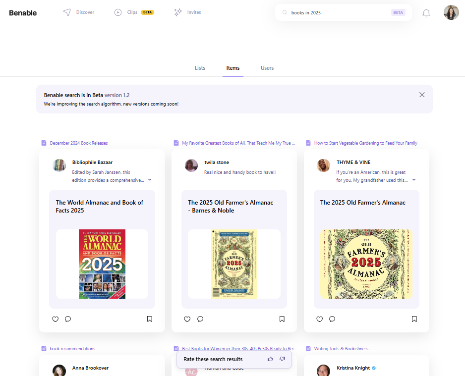 Benable search results on desktop.