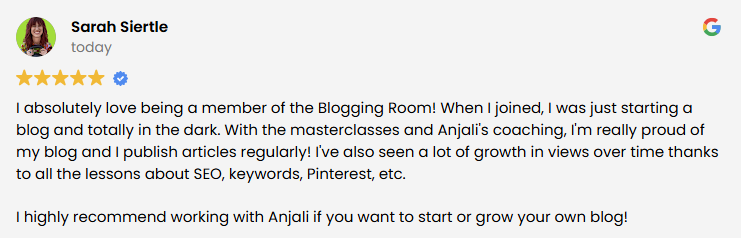 Google Review screenshot of a member of the Blogging Room. 