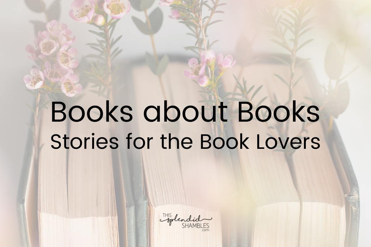 Three old books lined up with the pages facing you, flowers and stems coming from between the pages. 'Books about books' written in black on top.