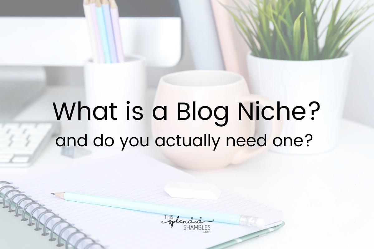 Desk with a plant, pencil container, notebook and a mug on it. The words 'What is a blog niche and do you actually need one?' written on top.
