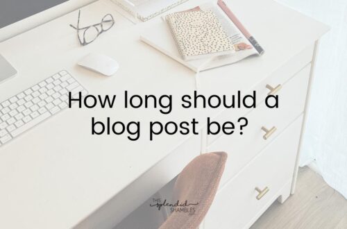 Bright home office desk with a keyboard, mouse, glasses, notebook, and magazine, overlaid with the text 'How long should a blog post be?' illustrating the topic of how long should a blog post be and choosing the right blog post length for readers and SEO.