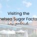 Exterior of the Chelsea Sugar Factory in Auckland, featuring the historic factory buildings, outdoor picnic tables with umbrellas, and a sunny lawn beneath a bright blue sky. 'Visiting the Chelsea Sugar Factory' written on top.
