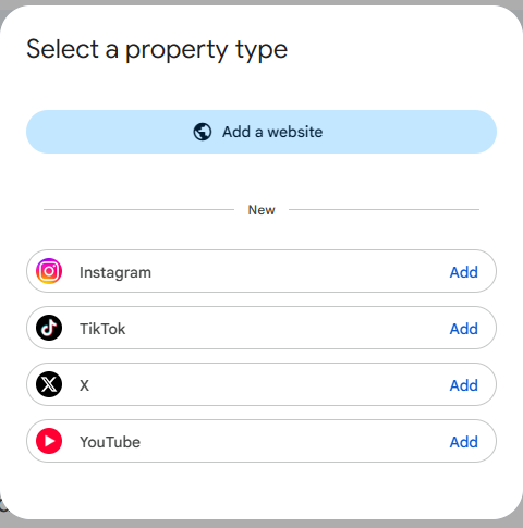 Google Search Console pop up showing 'select a property type' with 4 options: Instagram, TikTok, X, and YouTube. 