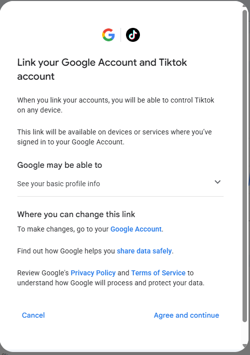 Google permission screen asking to link an TikTok account to a Google Account to verify ownership, with options to cancel or agree and continue.