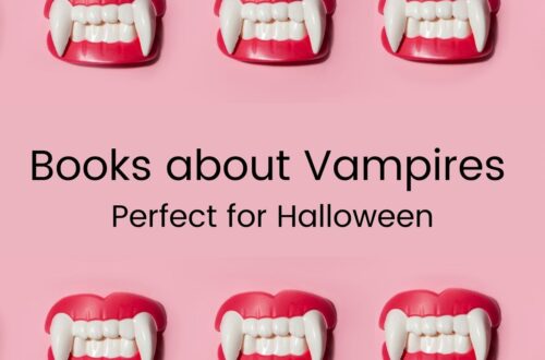 Pink graphic with a row of three red lips with white fangs at the top and bottom. In the middle 'Books About Vampires - Perfect for Halloween' written in black.