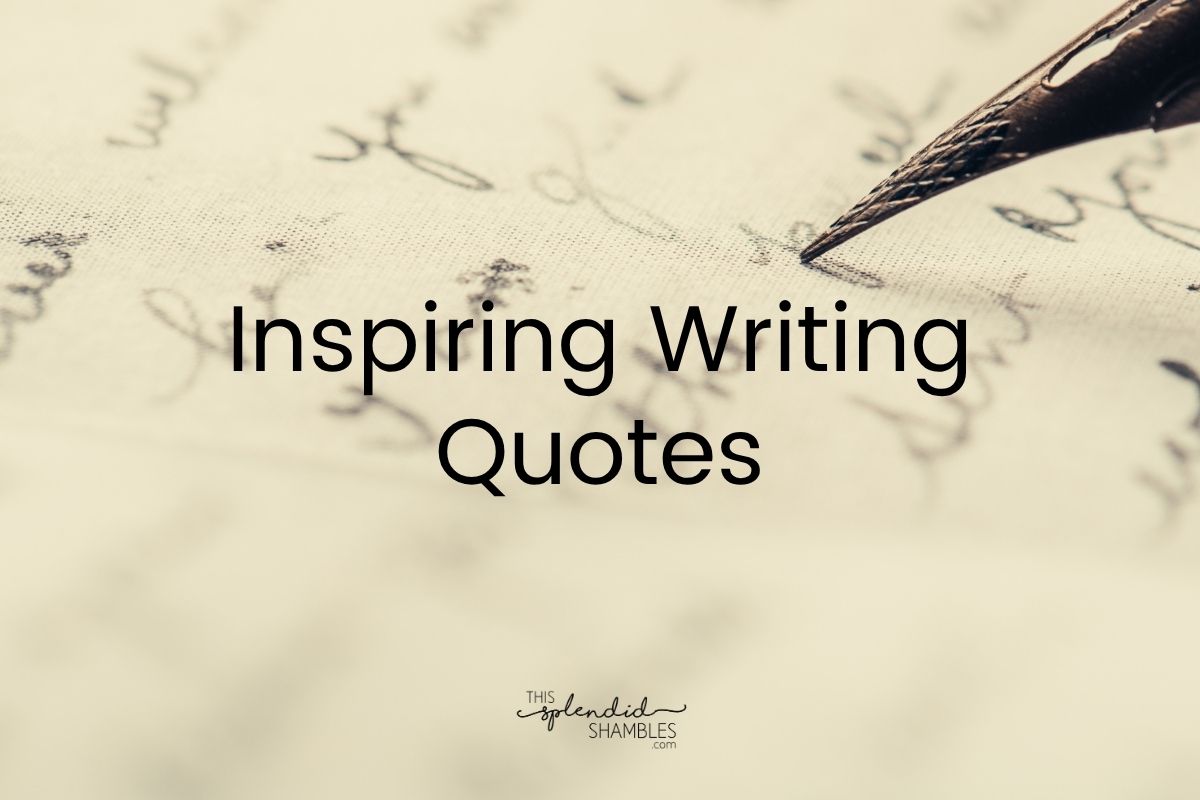 Old paper with cursive writing on it, with a black quill-like pen coming in from the top right hand corner. 'Inspiring writing quotes' written in black text in the middle. 