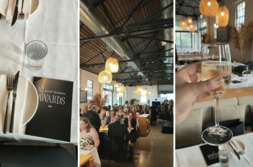 Three images side by side. 1 is of a table placing with a booklet for the NZ Small Business Awards. 2 is a shot of women sitting at tables in a cafe. 3 is a hand holding a glass of prosecco.