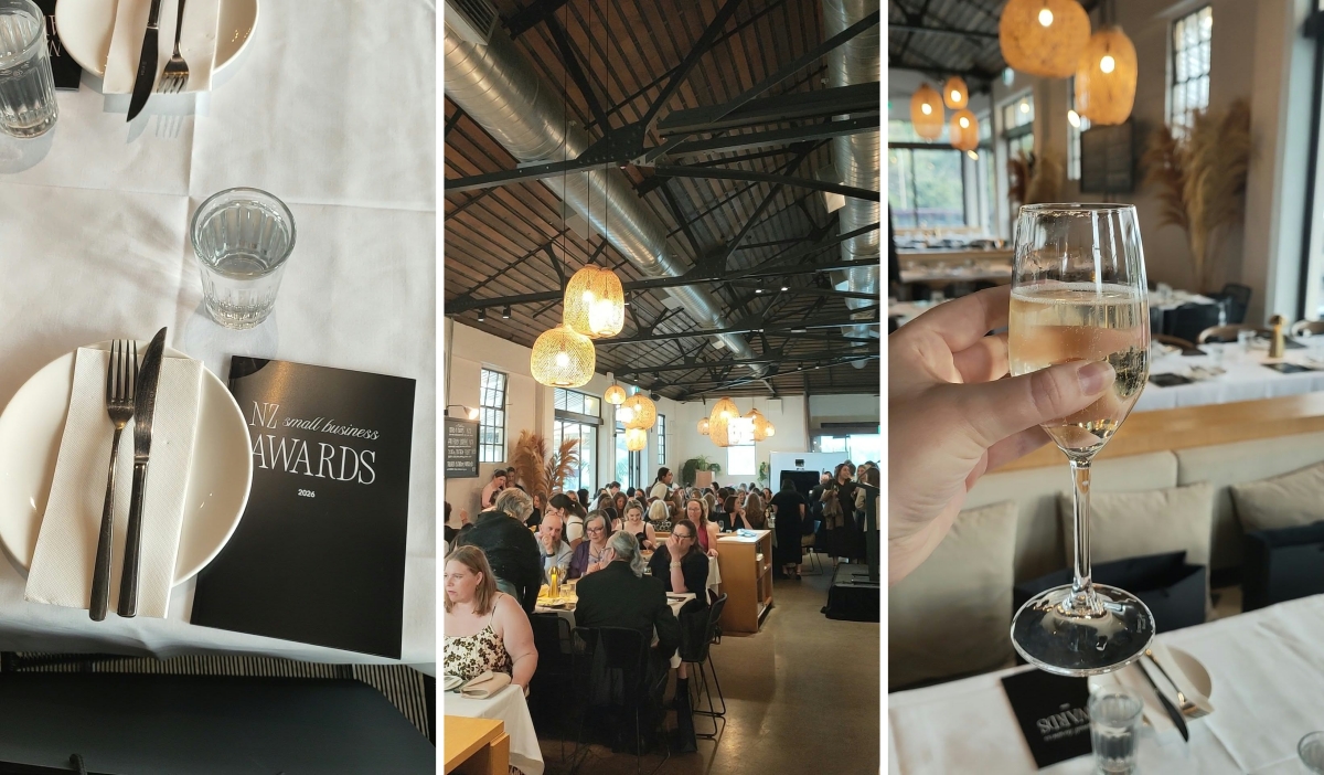 Three images side by side. 1 is of a table placing with a booklet for the NZ Small Business Awards. 2 is a shot of women sitting at tables in a cafe. 3 is a hand holding a glass of prosecco.