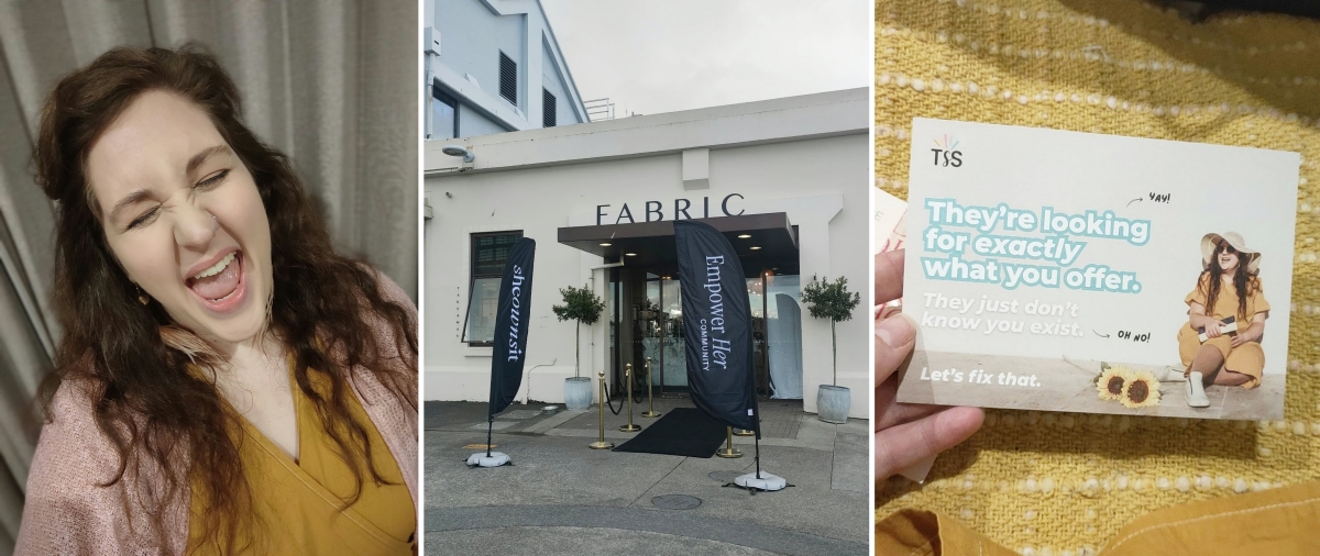 Three images side by side. 1. Anjali from This Splendid Shambles with a huge smile. 2. Fabric in Hobsonville, Auckland. 3. Promotional card for blog coaching with Anjali Kay. 